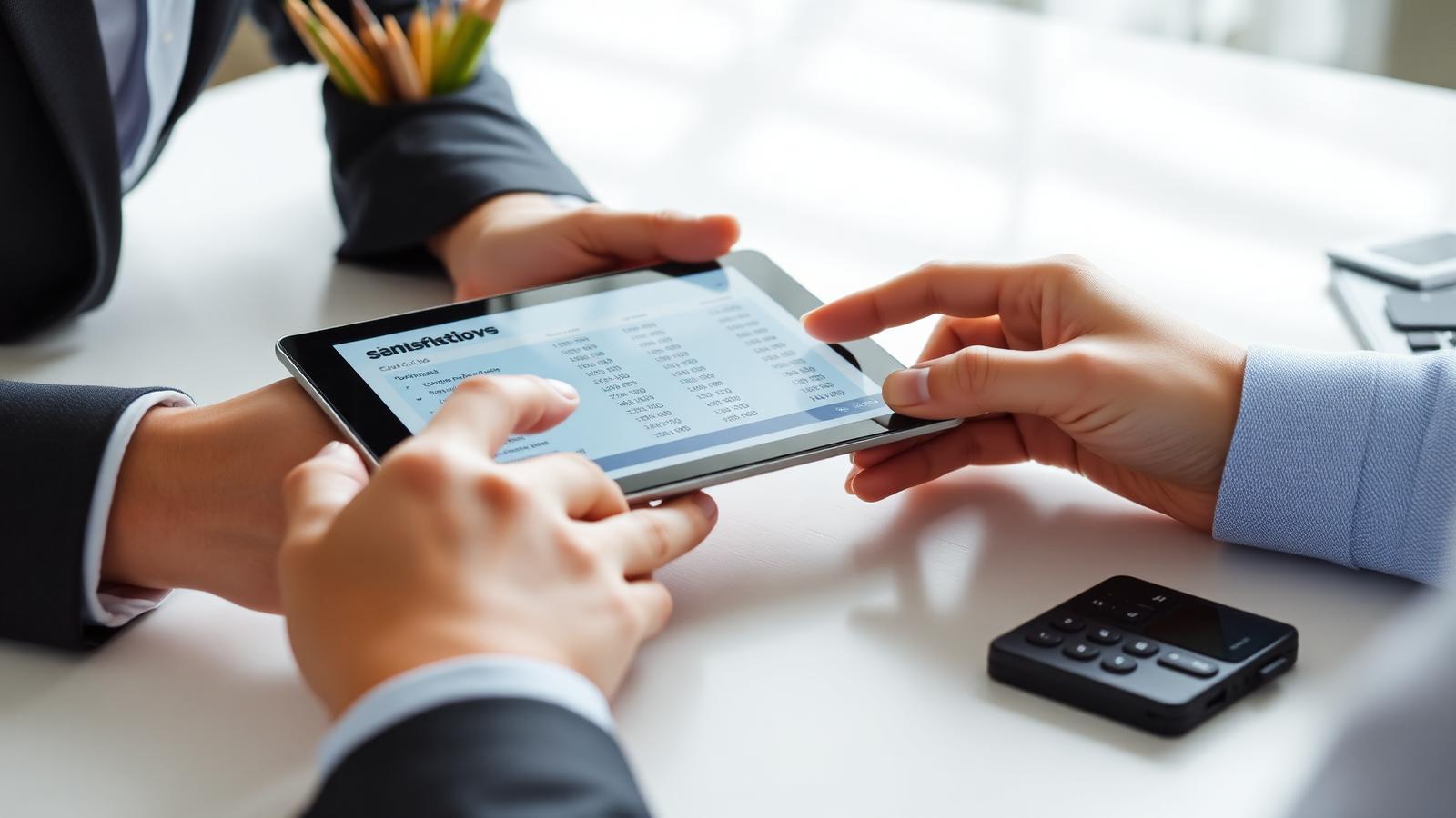 Profissionais conferindo transações bancárias em um tablet