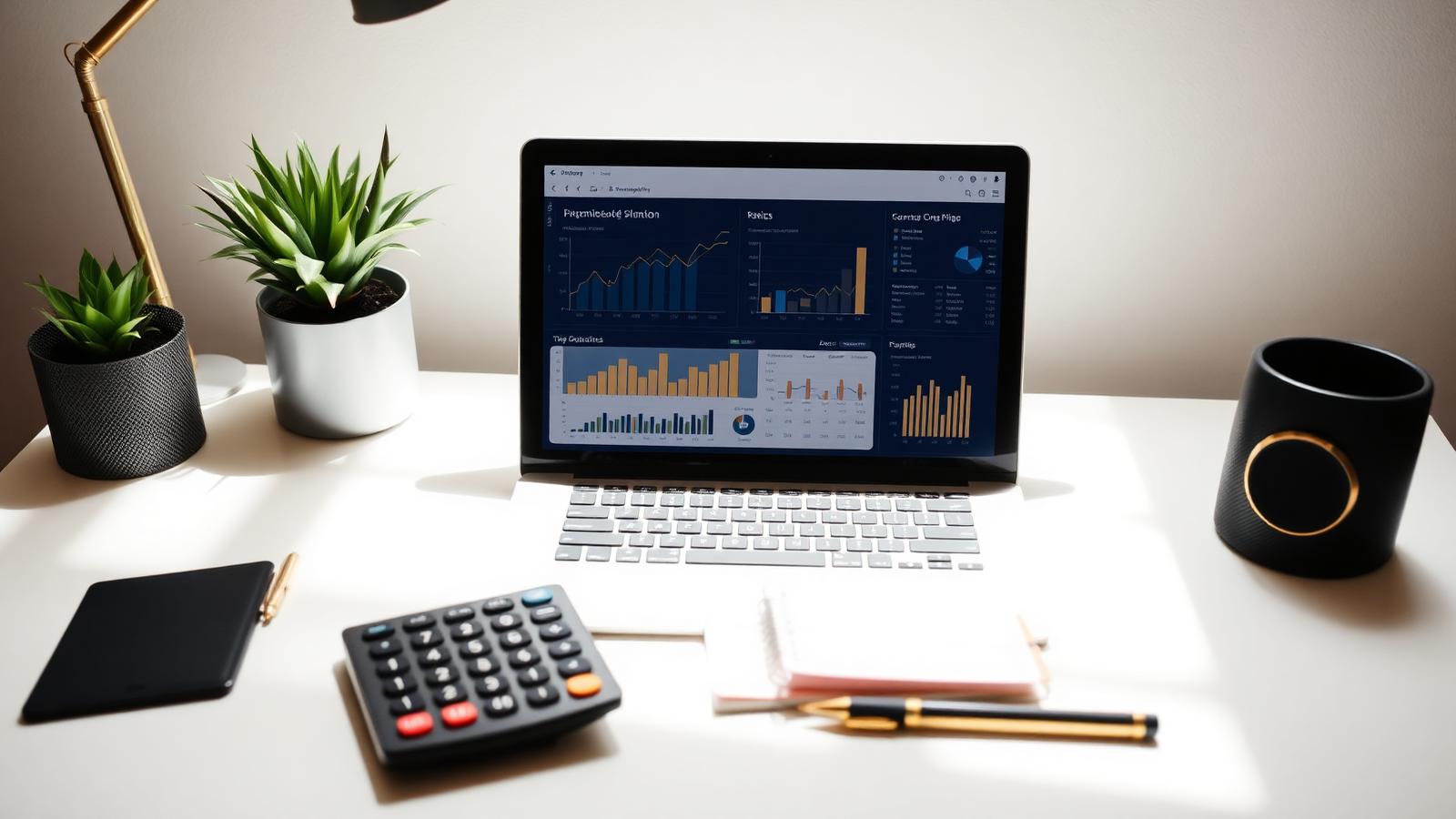 Mesa de trabalho com dashboard financeiro em notebook